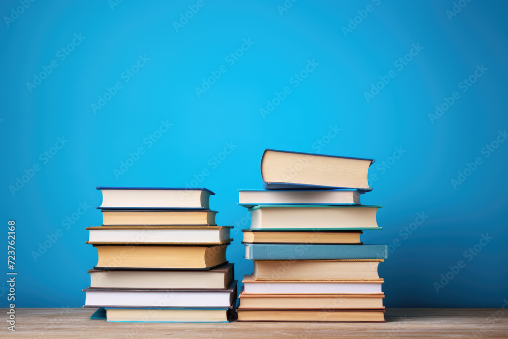 Colorful books and notebooks in front of blue background , back to school. Generative ai Colorful books and notebooks in front of blue background , back to school. Generative ai