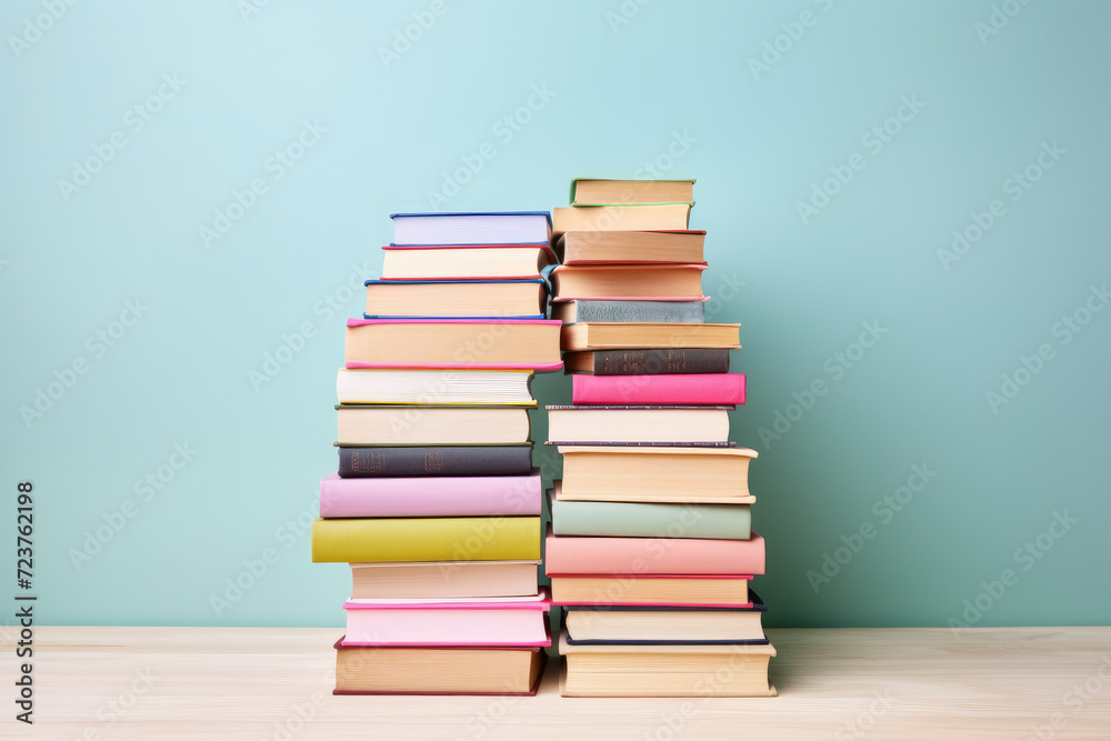Colorful books and notebooks in front of pastel color wall , back to school. Generative ai Colorful books and notebooks in front of pastel color wall , back to school. Generative ai