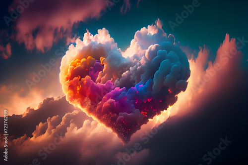 Beautiful colorful valentine day heart in the clouds. Created with Generative AI technology photo