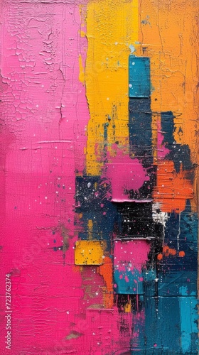 Abstract painting with vibrant splashes of pink, orange, yellow, blue, magenta color.