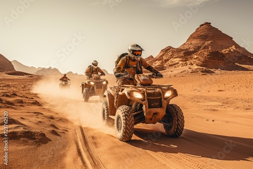 Offroad safari in sand desert. Quad bike on sand dune. ai generated