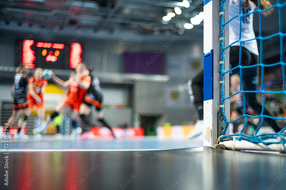 custom made wallpaper toronto digitalDetail of handball goal post with net and game in the background.
