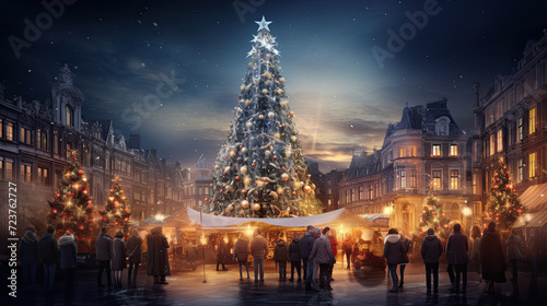 Christmas tree in a town scene with many people in the street