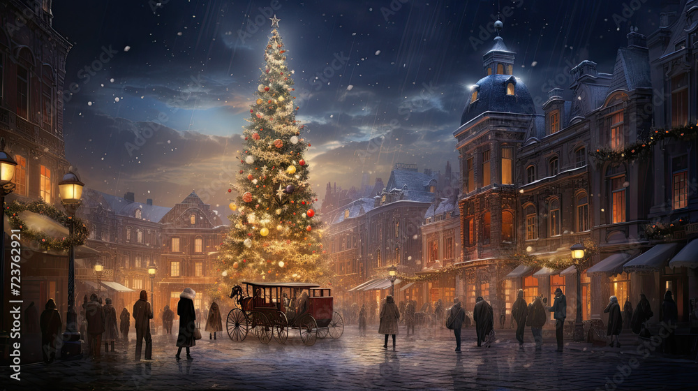 Fototapeta premium Christmas tree in a town scene with many people in the street