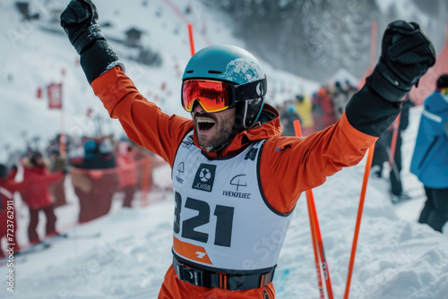 skier in iniform and helmet celebrates his victory in a tournament on a mountainside filled with spectators photo