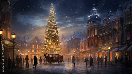 Christmas tree in a town scene with many people in the street