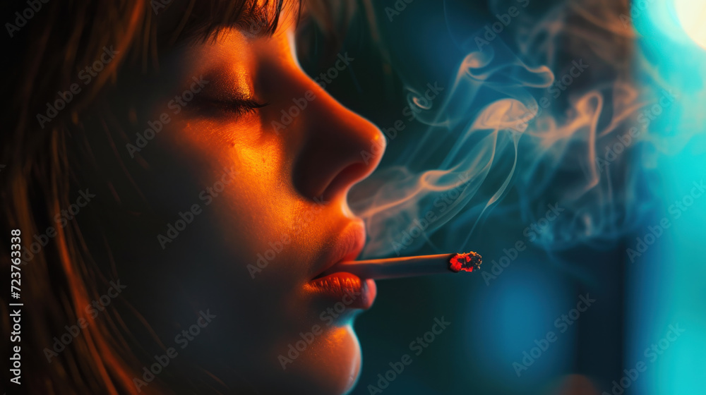 Fototapeta premium a woman smokes a cigarette in front of a dark background.