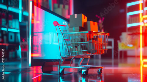 Purchase and delivery of goods from an online store, a cart full of boxes with packaged purchases comes out of a computer monitor, bright neon colors and a concept for a banner