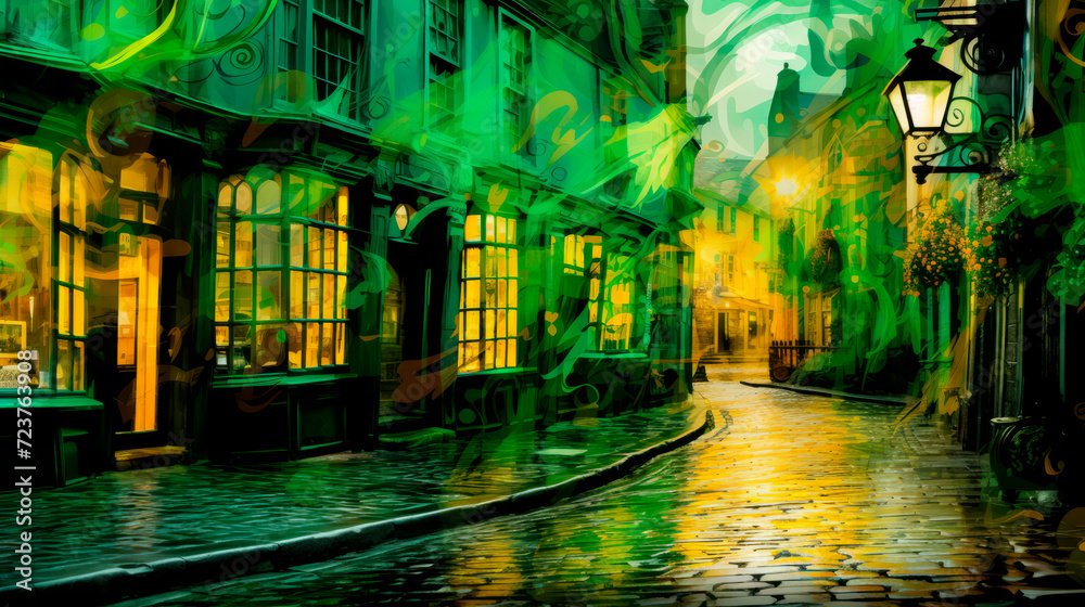 The artistically drawn street with exaggerated, glowing green tones gives the cityscape a surreal and dreamlike character. St. Patrick's Day. Irish traditions and holiday
