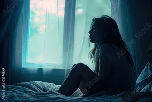 Brown haired young woman sitting on her bed with a melancholic or sad look