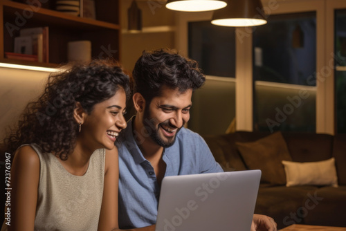 Young Indian ethnic couple with a laughing face using a laptop together 