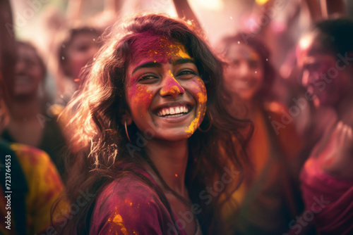 A happy young Indian girl playing the Holi festival with colours in the outdoor 