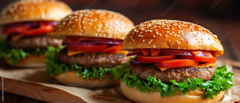 Tempting Gourmet Burgers on Wooden Board: A Close-Up of Juicy Beef Patties Topped with Fresh Vegetables and Sesame Buns Tempting Gourmet Burgers on Wooden Board: A Close-Up of Juicy Beef Patties Topped with Fresh Vegetables and Sesame Buns