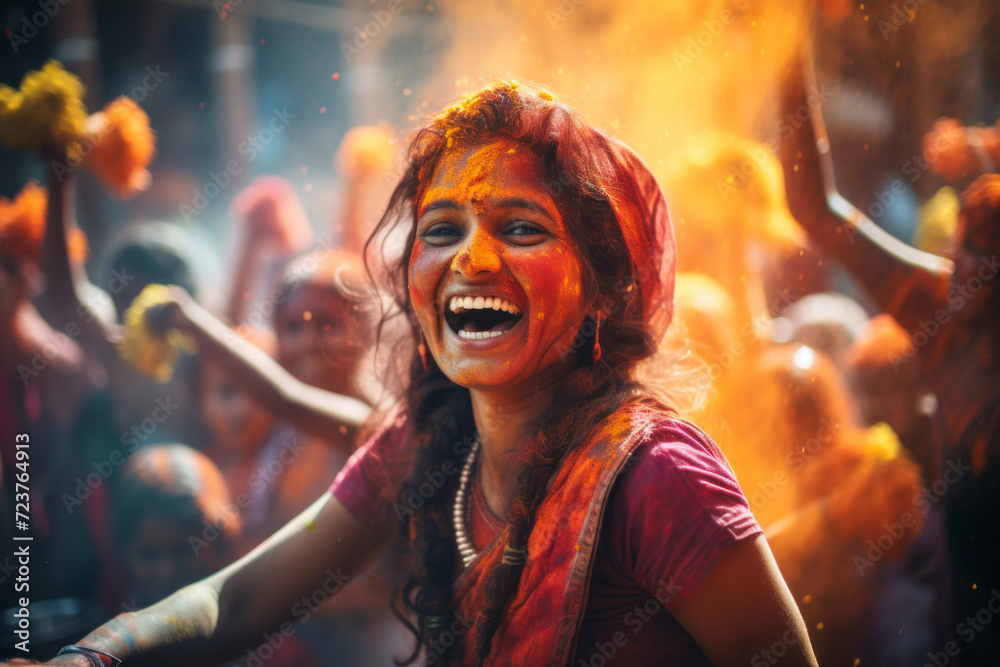 A happy young Indian girl playing the Holi festival with colours in the outdoor	