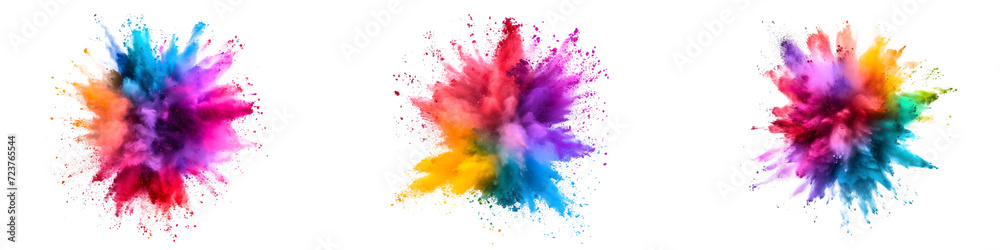 Set of Vibrant Color Powder Explosions, Multicolored Dust Clouds Isolated on Transparent Background