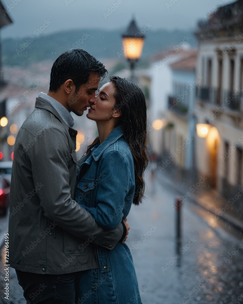 Two young people, a girl and a man kissing in the rain against the backdrop of a rainy city