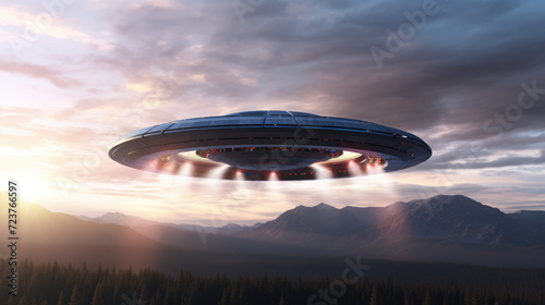 Cool still standing spaceship above green trees  UFO design. Generative ai