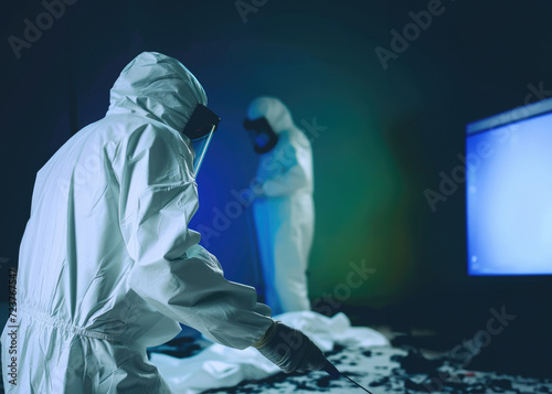 Forensics Technician in Coveralls Inspecting Potential Incriminating Evidence on Crime Scene photo