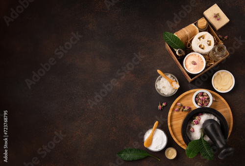 Natural Eco Friendly Beauty, Skin Care Products Concept. Zero Waste Bathroom, Spa Accessories on Wooden Background.