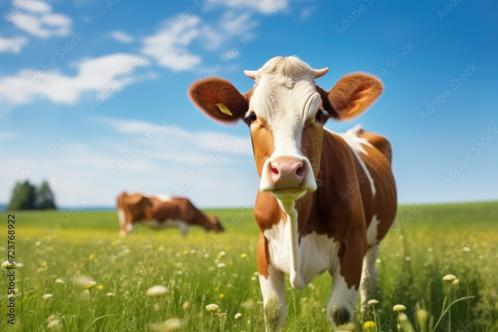 Cute cow grazing on green grass in a sunny meadow