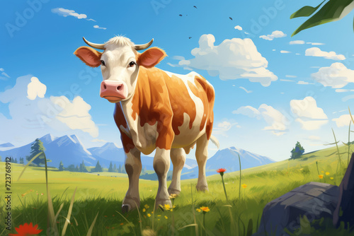 Cute cow grazing on green grass in a sunny meadow