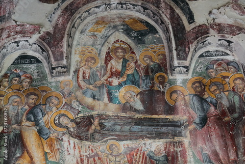 Wall frescoes in Saint Mary's Church of Leusa with its vandalized murals from AD 1812 depicting Bible scenes. Permet-Albania-229