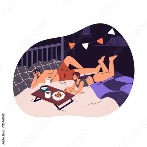 Cute couple in lingerie lying in bed, chat, having breakfast. Love partners spend leisure time together. Cozy home morning. Romantic relationship. Flat isolated vector illustration on white background