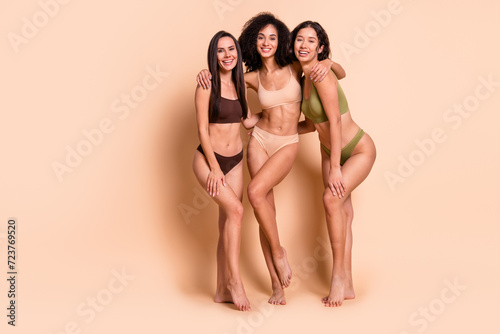No filter studio photo of adorable cute women wear lingerie cuddling loving themselves empty space isolated pastel color background