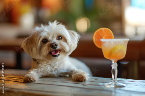 Happy dog having cocktails. funny cool dog and cocktails at the bar. Photo portrait of a realistic happy dog sitting in a cafe with a fresh cocktail on summer vacation, relax vibe concept. Dog friendl photo