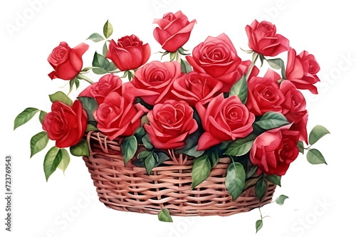 watercolor realistic painting basket of mix rose flower on white background.