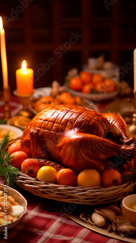 The golden glow of candles illuminates a beautifully roasted turkey ready for a festive feast, while elegant tableware sets the stage for an unforgettable dinner. Family traditions