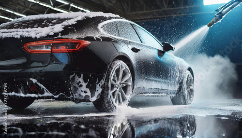 Closeup of a modern black car in a car wash with foam and water jet. High pressure cleaning machine. Generative Ai.
