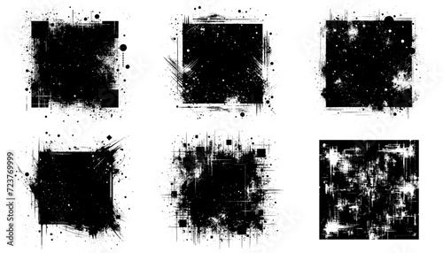 Set of 6 Vector black grunge rough overlay textures. Distressed backgrounds. 
