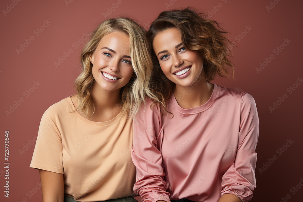 two beautiful young women friends sitting next to each other and smiling, beautiful skin, teeth, styling on a pleasant warm background two beautiful young women friends sitting next to each other and smiling, beautiful skin, teeth, styling on a pleasant warm background