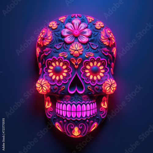 Day of the dead skull in neon colors on dark background