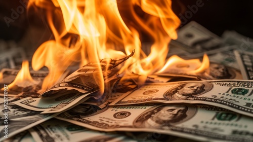 Burning dollar bills symbolising financial crisis and bankruptcy