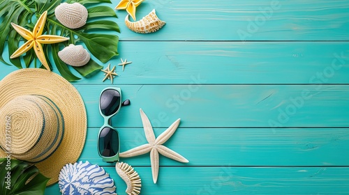 Beach accessories on green blue plank. Vacation banner concept. Mockup. Relax and unwind with our beach essentials.