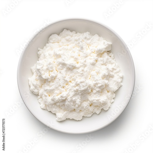 Cottage cheese white plate top view solated on white background