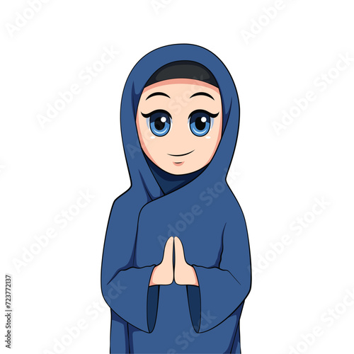 Muslim kid girl cute welcome hands gesture, ramadan edition, vector cartoon illustration