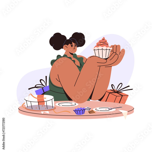 Binge eating concept. Sad girl eats unhealthy food, cake. Addicted character overeating of desserts. Sweet tooth nutrition problems. Psychological disorder. Flat isolated vector illustration on white