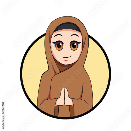 Muslim kid girl cute welcome hands gesture, ramadan edition, vector cartoon illustration
