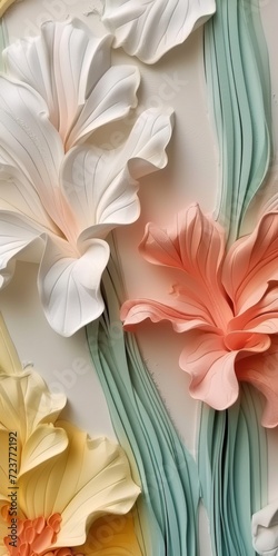 White and red sculpture that resembles flowers background, in the style of rococo pastel hues, light orange and yellow, soft color palettes, light orange and green.