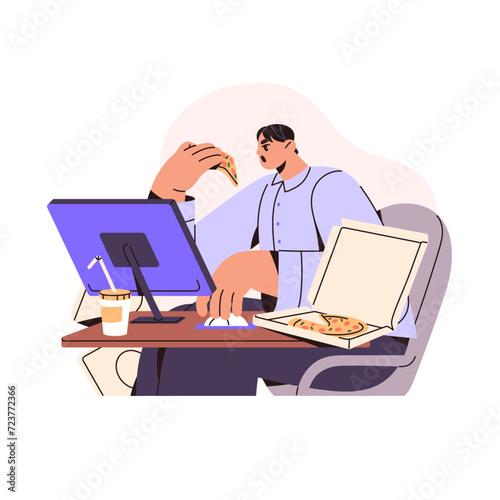 Binge eating concept. Busy employee having lunch on workplace. Office worker eats fast food, pizza during work. Overload, overeating problems. Flat isolated vector illustration on white background