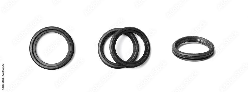 Sealing Gaskets Isolated, Black Rubber Rings for Plumbing, Plastic Circles, Rubber Gaskets on White Background Sealing Gaskets Isolated, Black Rubber Rings for Plumbing, Plastic Circles, Rubber Gaskets on White Background