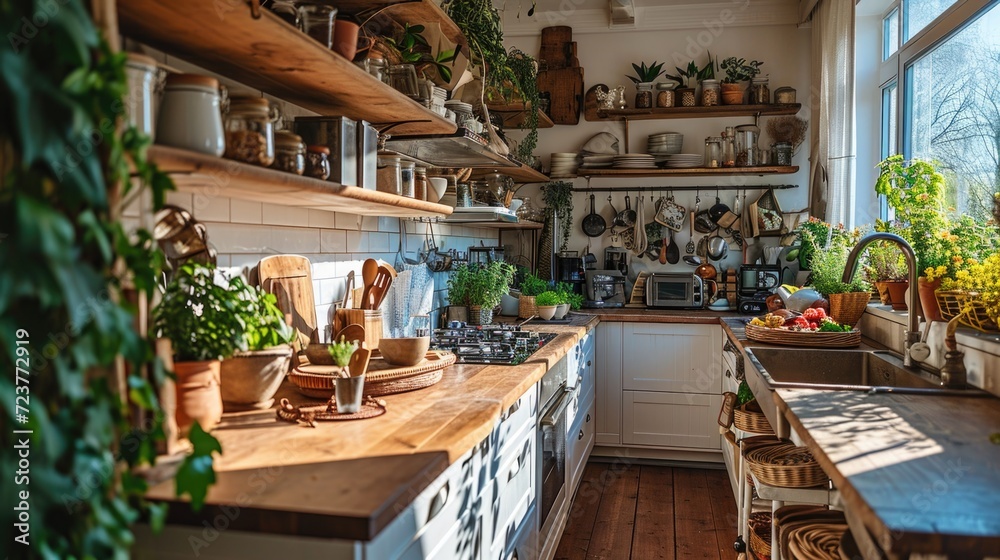 Bright and airy kitchen with wooden counters and shelves, filled with utensils and plants