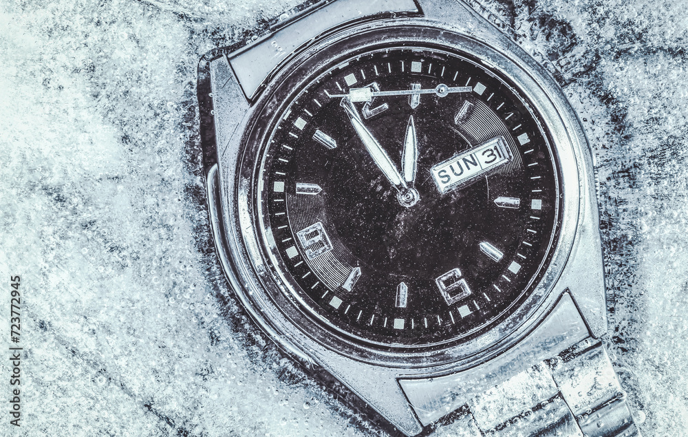 Dead watch. Time is limited. The wristwatch is frozen. Concept of the end.