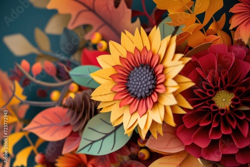 A Thanksgiving themed floral arrangement with sunflowers  dahlias  and autumn foliage