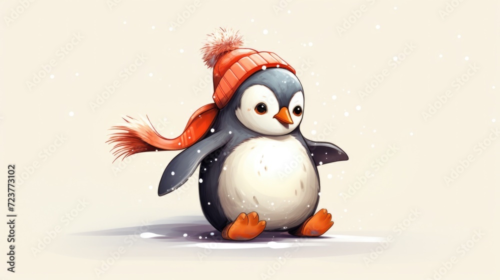 cute beautiful baby penguin in winter hat and scarf walking in the snow cute beautiful baby penguin in winter hat and scarf walking in the snow