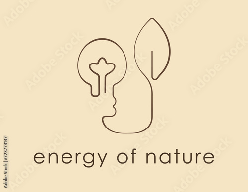 Graphic sign of a light bulb connected to a leaf. Concept symbol of green energy, alternative renewable energy sources, synthesis of nature and technology. Vector illustration, minimalist line art.