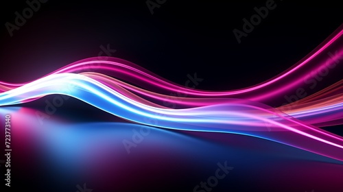 Abstract Futuristic Data Transfer Concept with Vibrant Pink, Blue, and Gold Lines on Dark Ice Arena Background. High-Speed 3D Neon Light Wallpaper for Digital Ultraviolet Experience.